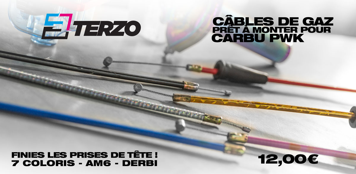 Image de présentation des nouveaux câbles de gaz prêts à l'emploi de la marque Terzo pour carburateurs PWK avec tirage rapide 