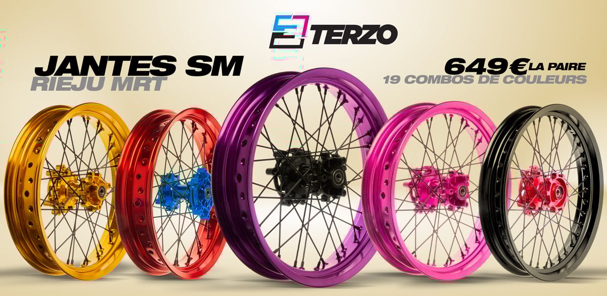 Image de présentation des nouvelles jantes supermotard à rayons en couleur de la marque Terzo pour les Rieju MRT 50cc.