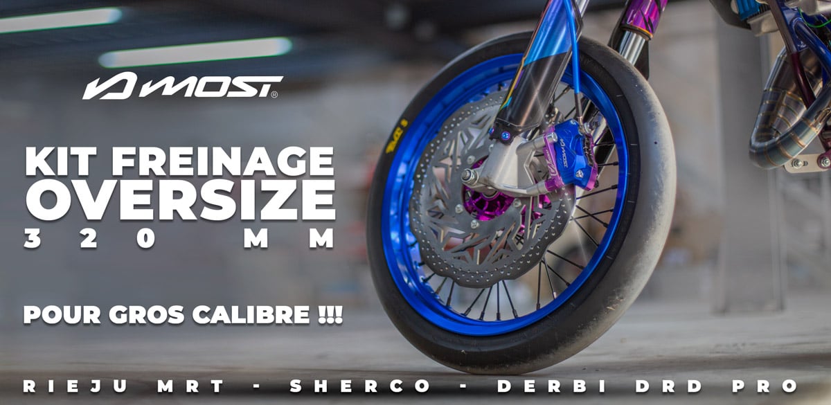 nouveaux kits de freinage oversize 320mm de la marque Most racing pour les motos 50cc Rieju MRT Sherco Derbi senda