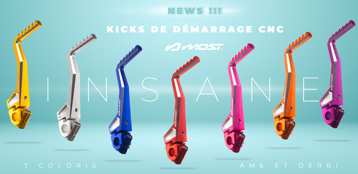 Image de présentation des nouveaux kicks de démarrage MOST Racing pour Minarelli et AM6 