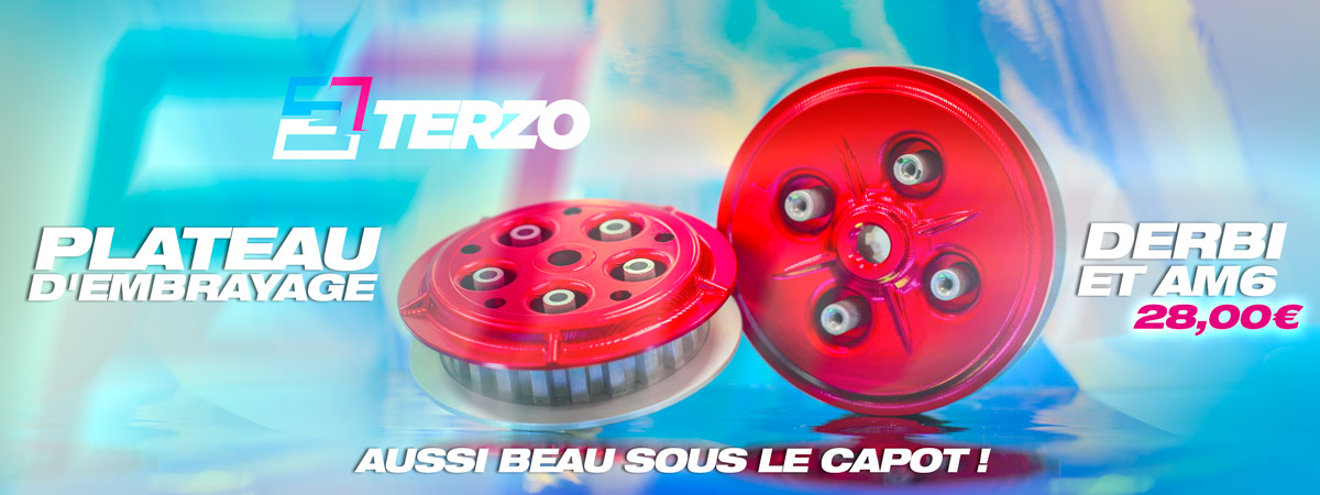 Image de présentation des nouveaux plateaux presseur d'embrayage Terzo pour motos Derbi et AM6 CNC rouge