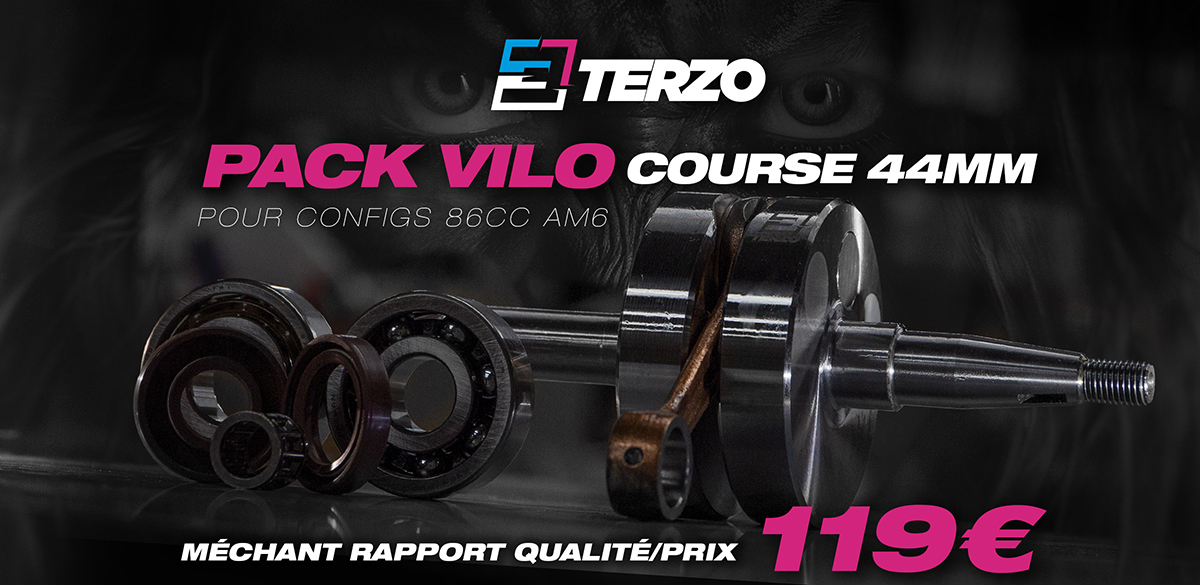 Image de présentation du nouveau pack vilebrequin renforcé course 44mm avec roulements pour Minarelli AM6 de la marque TERZO