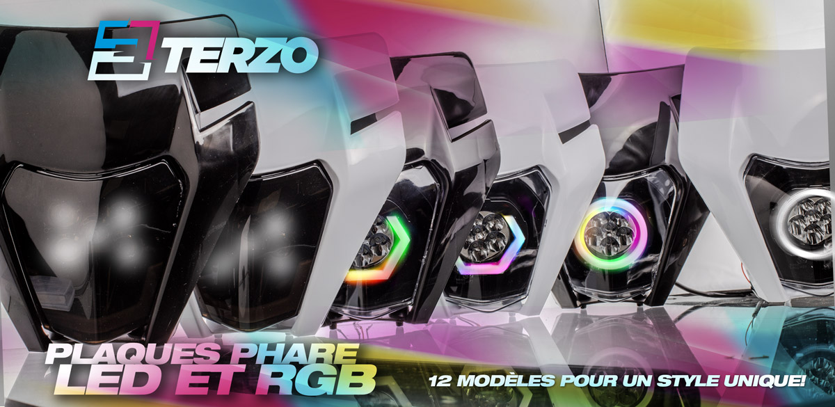 Image de présentation de la gamme de plaques phare moto Terzo à Led et type RGB