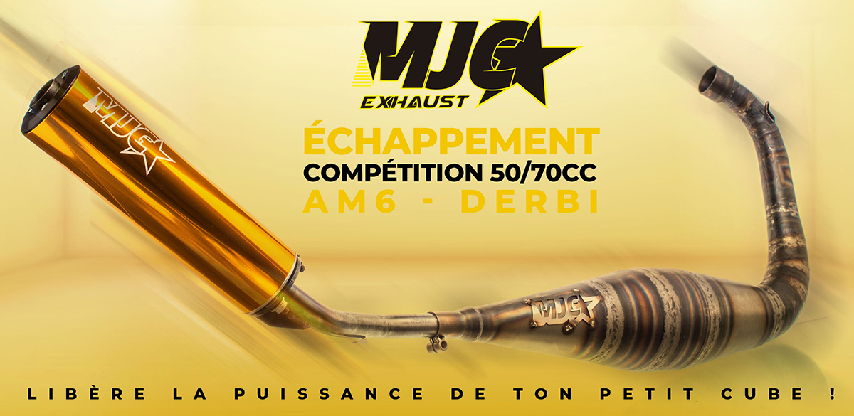 Image de présentation du nouveau pot d'échappement 50cc 70cc de la marque MJC Exhaust pour les moteur AM6 et Derbi