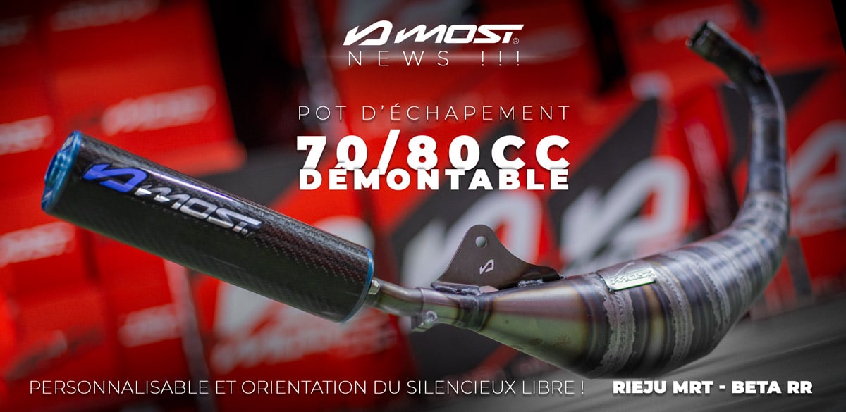 Image de présentation du nouveau pot d'échappement MOST Racing 70cc 80cc démontable pour les moto Minarelli AM6 Rieju et Beta
