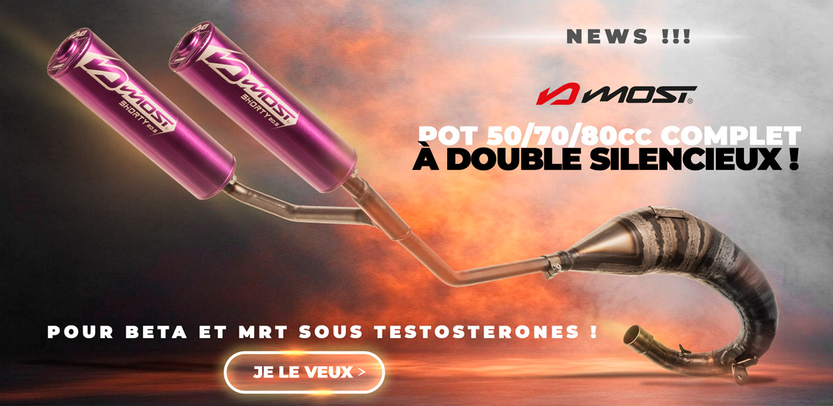 Image de présentation des nouveaux pots d'échappement MOST racing à double silencieux pour les motos Beta RR et Rieju MRT 50cc, 70cc et 80cc