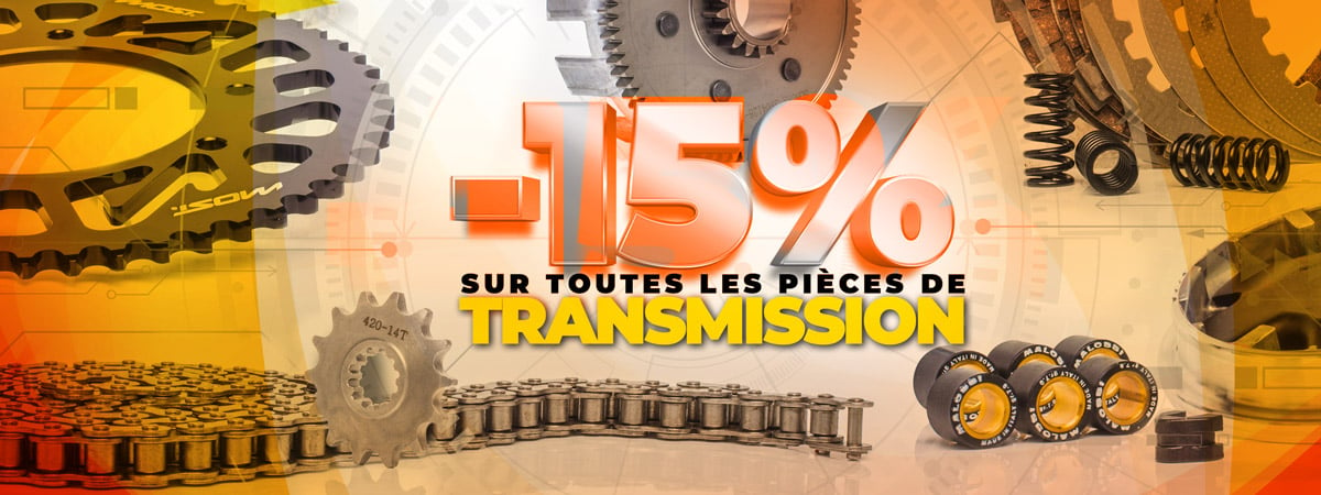 Visuel d'annonce de la promotion sur les pièces de transmission moto, scooter, cyclo et pitbike