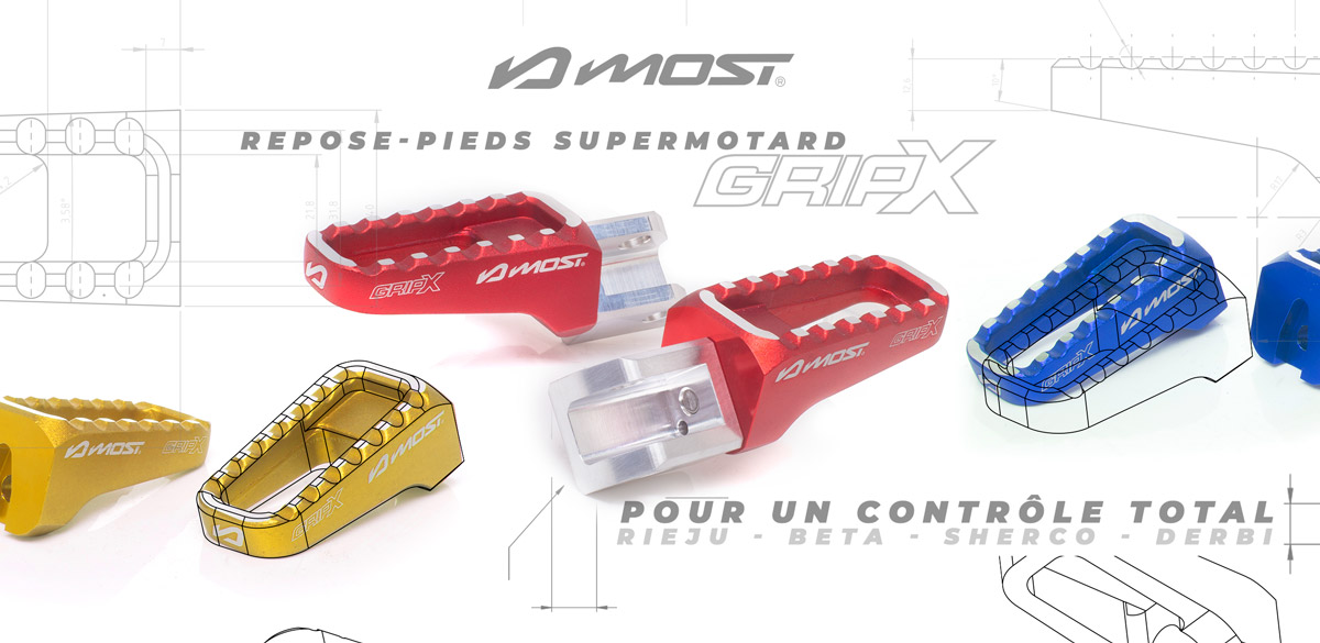 Image de présentation des repose-pieds MOST Racing Grip-X pour moto 50cc Rieju, Beta, Sherco, Derbi, Gilera, Aprilia