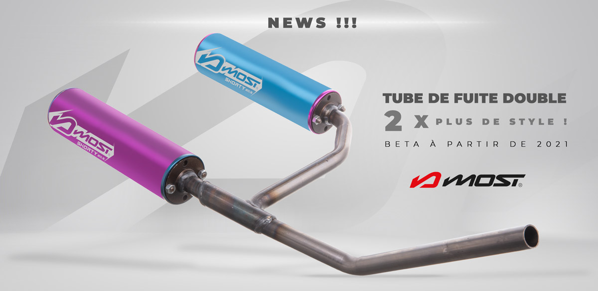 Image de présentation du nouveau tube de fuite d'échappement à double sortie de la marque MOST pour Beta RR 50cc