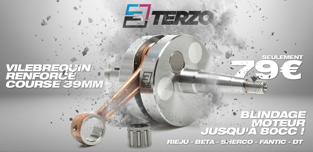 Image de présentation du vilebrequin Terzo renforcé pour les moteur Minarelli AM6 des Rieju Beta Sherco Fantic DT