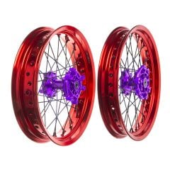 Llantas delantera y trasera de radios Terzo aro rojo buje lila