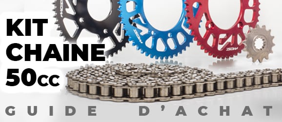 Image de pr&eacute;sentation de l'article et guide d'achat des kits chaine pour les moto 50cc type Rieju MRT, Beta RR, Sherco, Fantic, Derbi et Vent